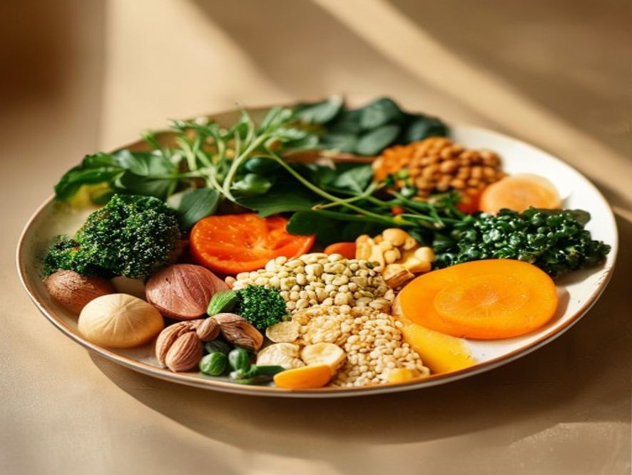 A plate divided into sections showing different colored foods and food groups