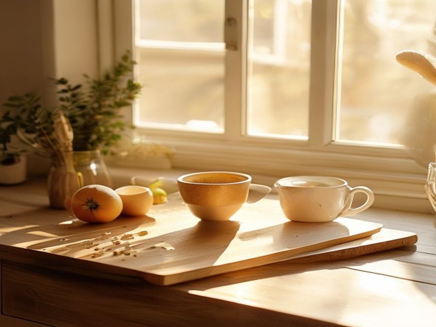Kitchen counter with ingredients and a cup of coffee in the morning light
