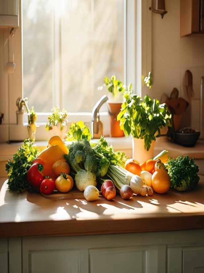 Bright kitchen counter with fresh seasonal vegetables in morning light