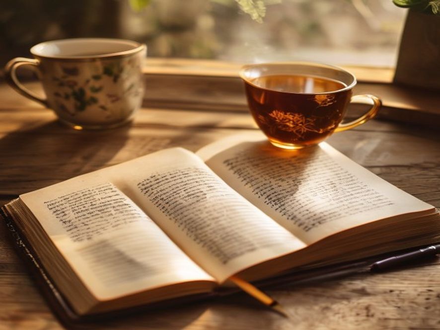 Open cookbook with handwritten notes and a cup of tea next to it