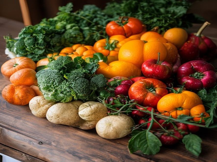 Seasonal produce arranged by color and season on a wooden table